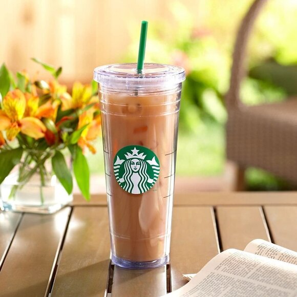 Starbucks Cold Cup Clear Venti Tumbler Traveler Green Straw Lid Large Logo 24 oz